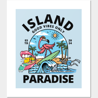 Island Paradise Flamingo Surfing Beach Posters and Art